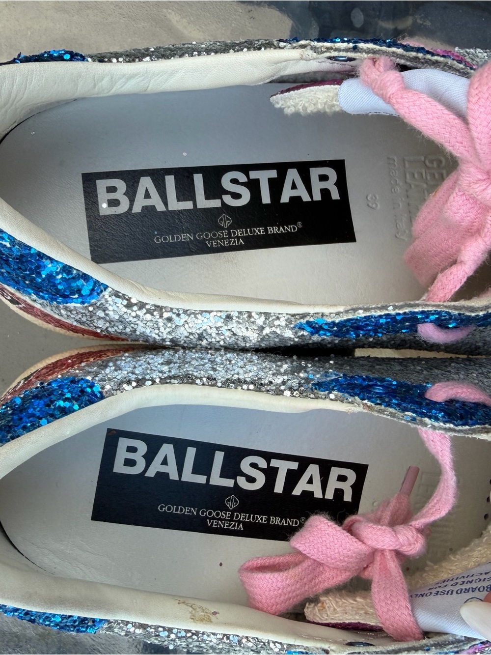 Golden Goose Silver Glitter Sneakers with Pink Star and Blue & Pink Accents - Picture 15 of 16